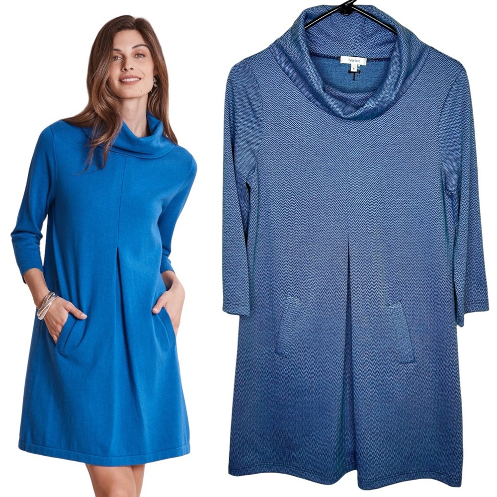 Tyler Boe Cowl Neck Pocket A-line Dress S Blue Chevron Lagenlook Relaxed